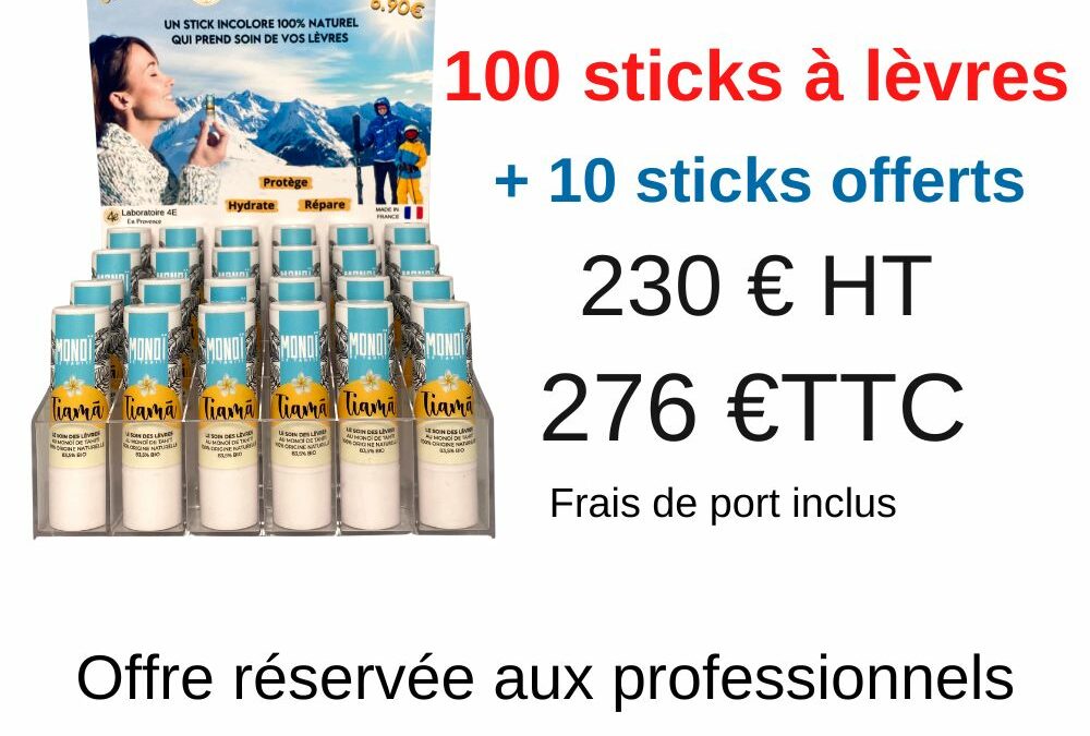 Présentoir avec 100 sticks à lèvres + 10 sticks offerts